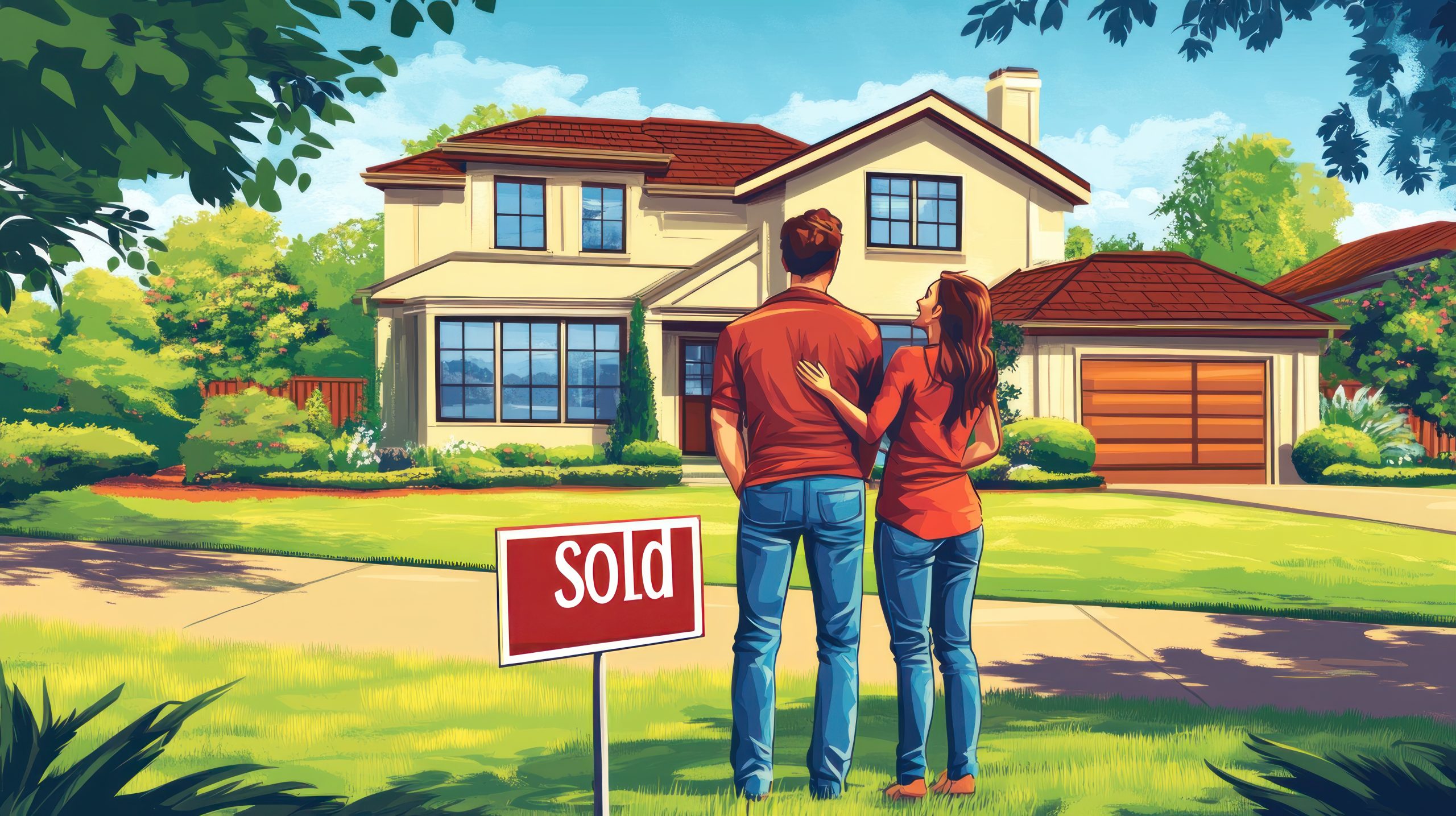 family standing in front of a newly purchased house, joyful expressions, modern suburban home with a "Sold" sign in the yard, lush green lawn, bright and sunny day, realistic shadows, detailed architecture --chaos 15 --ar 16:9 --style raw --v 6.1 Job ID: a16daeda-daa1-46c1-b6d6-cbb4c50bd1f5